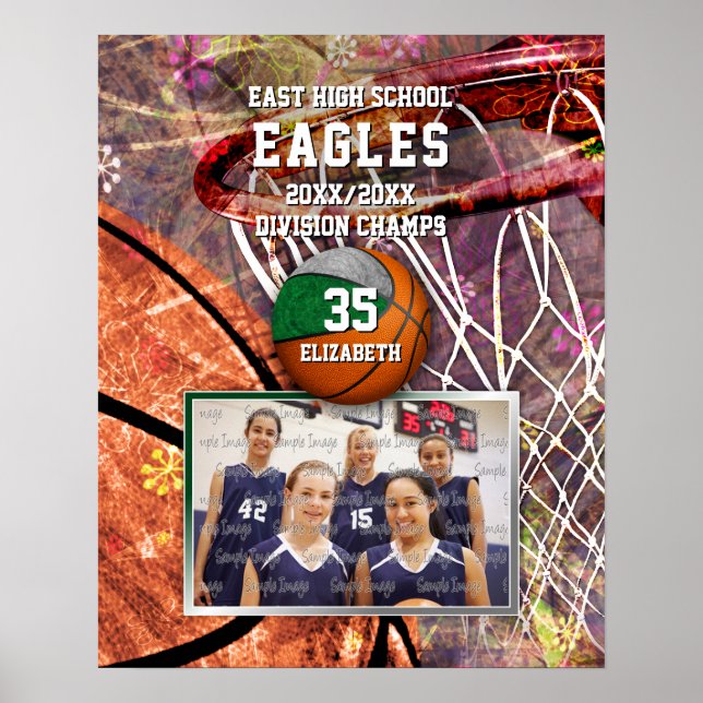 girls green gray team colors photo basketball poster (Front)