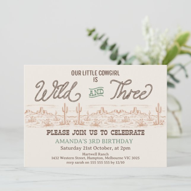 Girls Green Rodeo Wild and Three 3rd Birthday  Invitation (Standing Front)