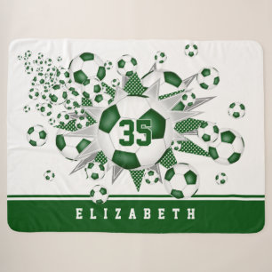 girls green white sports soccer balls stars  sherpa blanket