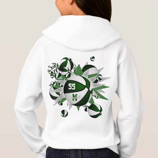 Girl's green white team colors basketballs hoodie (Back)