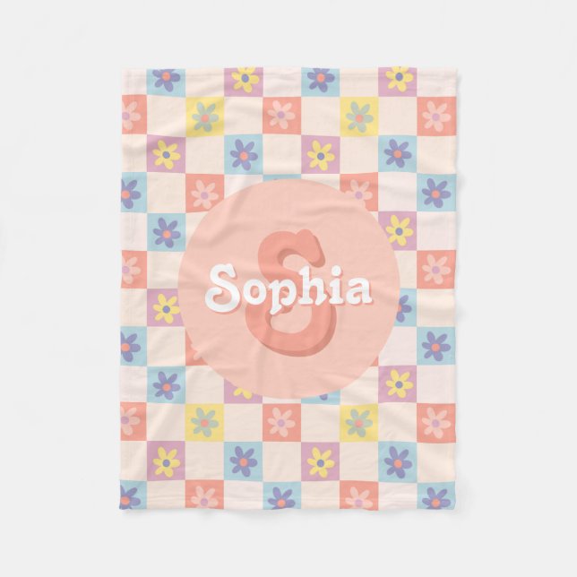 Girls Groovy Pink Retro 70s Kids Monogram Fleece Blanket (Front)