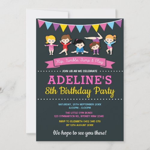 Girls Gymnastic Birthday Gym Party Pink Chalkboard Invitation