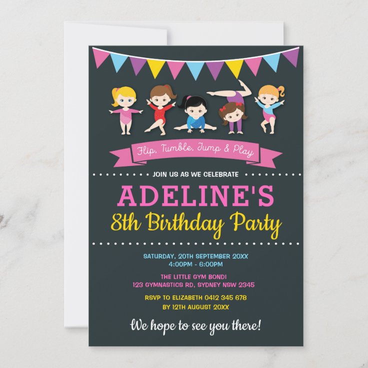 Girls Gymnastic Birthday Gym Party Pink Chalkboard Invitation Zazzle