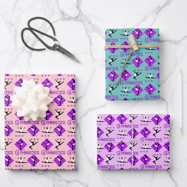 Girls Gymnastics Athletics Theme Cute Girly Wrapping Paper Sheets (Front)