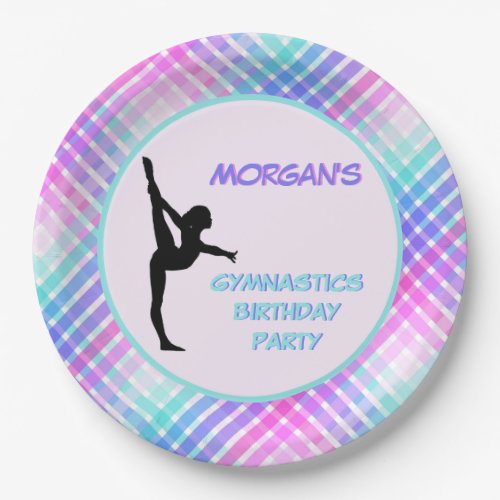 Girls Gymnastics Birthday Pretty Pastel Plaid Paper Plates