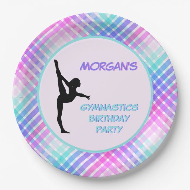 Girls Gymnastics Birthday Pretty Pastel Plaid Paper Plates (Front)