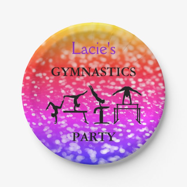 Girls Gymnastics Birthday Sparkle Custom Name Paper Plates (Front)