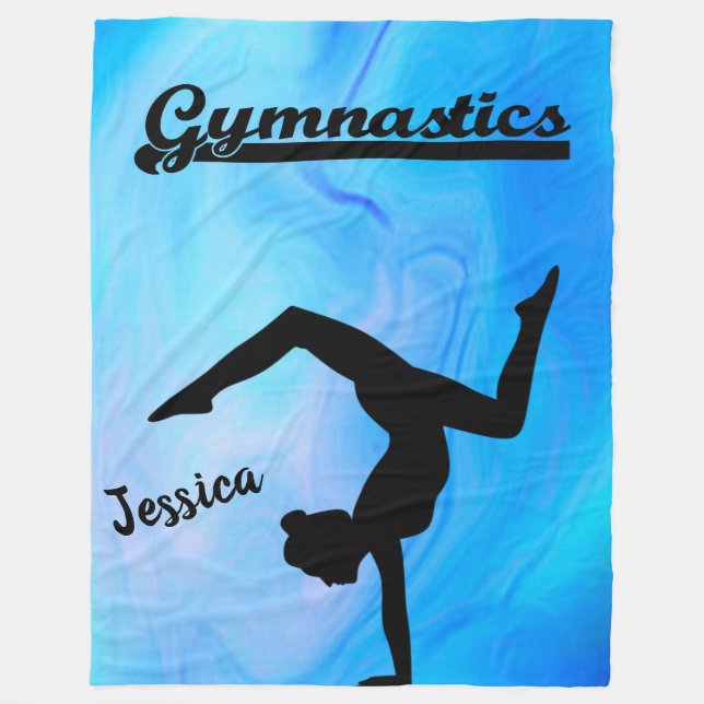 Girls Gymnastics Blue Swirl Custom Name Fleece Blanket (Front)