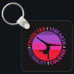 Girls Gymnastics Character Strength Courage Keychain<br><div class="desc">Character,  Strength,  Flexibility,  and Courage - Women's gymnastics quote has a female gymnast silhouette on sunset colors. Motivational words for coach to instill in athletes. > Grunge,  gymnastics art to help strong,  powerful athletes be ready for event competition meets.  > Personalize it! Add custom name,  photo,  or text.</div>