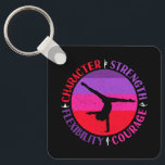 Girls Gymnastics Character Strength Courage Keychain<br><div class="desc">Character,  Strength,  Flexibility,  and Courage - Women's gymnastics quote has a female gymnast silhouette on sunset colors. Motivational words for coach to instill in athletes. > Grunge,  gymnastics art to help strong,  powerful athletes be ready for event competition meets.  > Personalize it! Add custom name,  photo,  or text.</div>