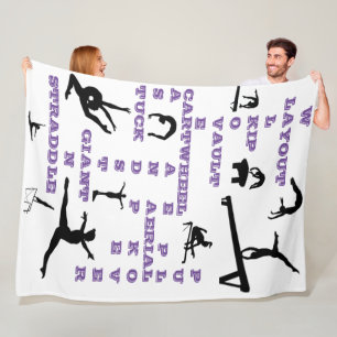 Girls Gymnastics Crossword White, Purple & Black Fleece Blanket