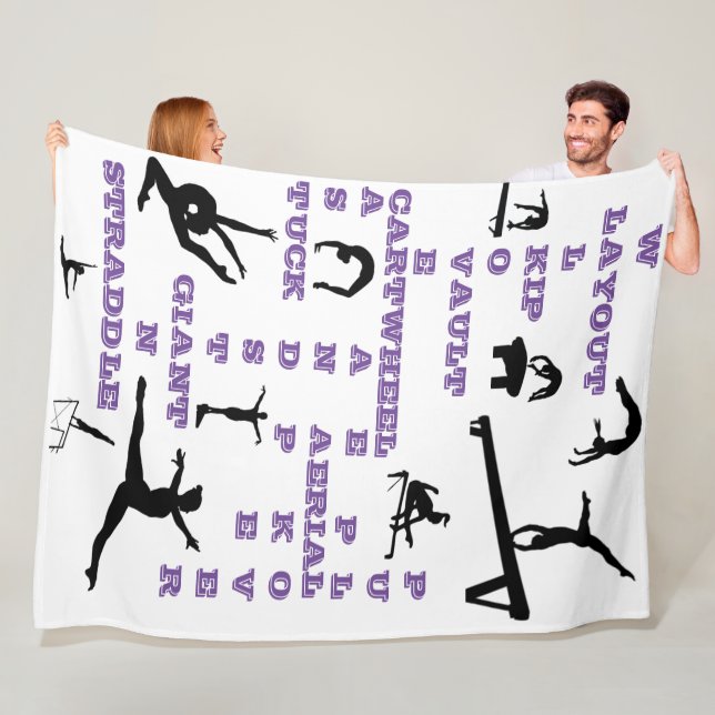 Girls Gymnastics Crossword White, Purple & Black Fleece Blanket (In Situ)