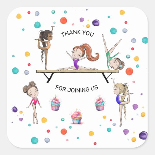 Girls Gymnastics Cupcake Birthday Party Favor  Square Sticker