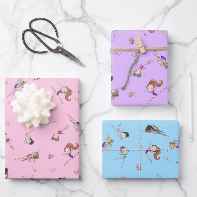 Girls Gymnastics Cupcakes Pattern Pink Purple Blue Wrapping Paper Sheets (Front)