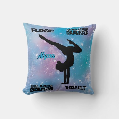 Girls Gymnastics Floor Bars Beam Vault Pastel   Throw Pillow