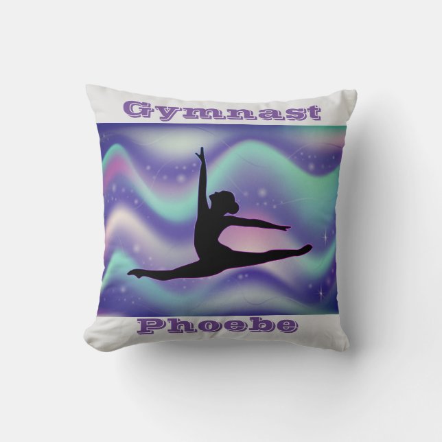 Girls Gymnastics Gray Purple Pillow w/ Her Name (Front)