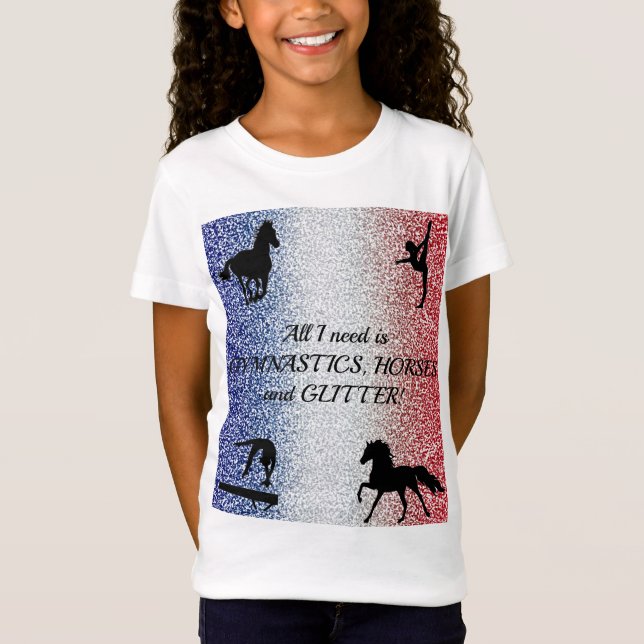 Girls Gymnastics, Horses, Glitter Patriotic T-Shirt (Front)