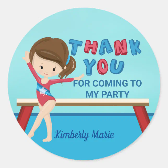 Girls Gymnastics Kids Birthday Party Thank You Classic Round Sticker ...