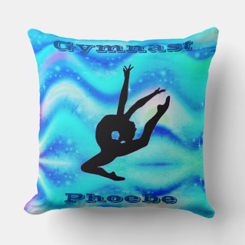 Girls Gymnastics Leap Blue  Green Throw Pillow