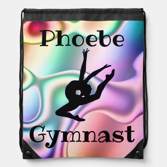 Girls Gymnastics Leap Holographic Vibes with Name Drawstring Bag (Front)