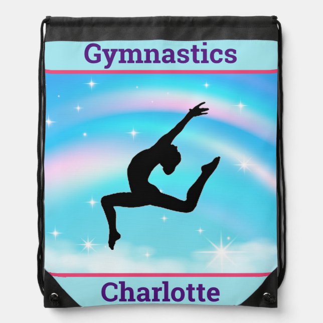 Girls Gymnastics Leap Rainbow Clouds Drawstring Bag (Front)
