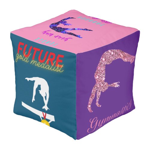 Girls Gymnastics Quotes Multicolored Cube Pouf