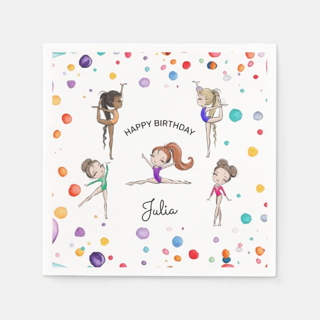 Girls Gymnastics Rainbow Balloons Birthday Party   Napkins (Front)
