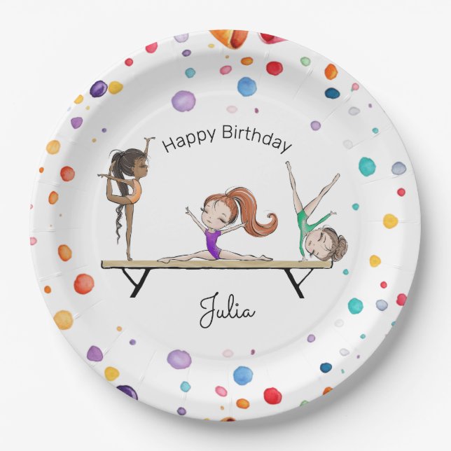 Girls Gymnastics Rainbow Balloons Birthday Party Paper Plates (Front)
