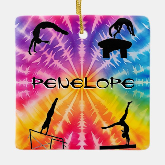 Girls Gymnastics Rainbow Tie-Dye Ceramic Ornament (Front)
