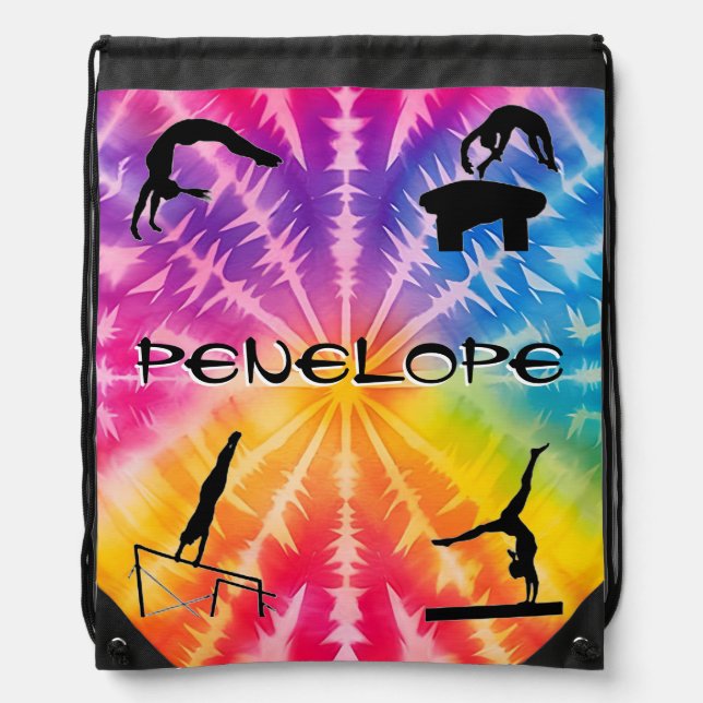 Girls Gymnastics Rainbow Tie-Dye Drawstring Bag (Front)