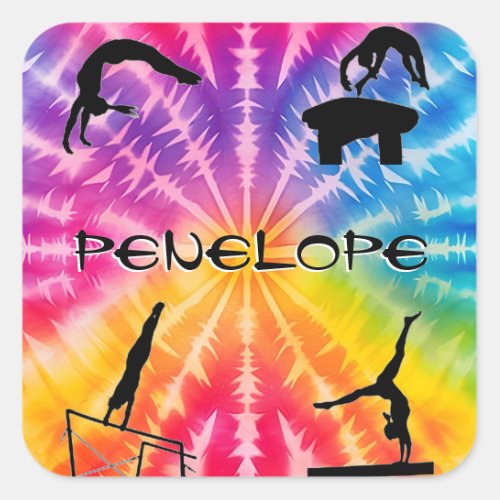 Girls Gymnastics Rainbow Tie_Dye Square Sticker