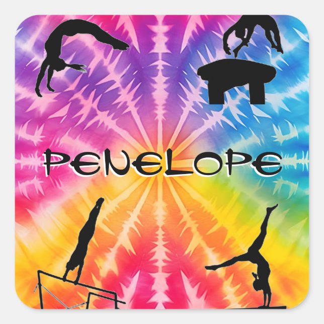 Girls Gymnastics Rainbow Tie-Dye Square Sticker (Front)