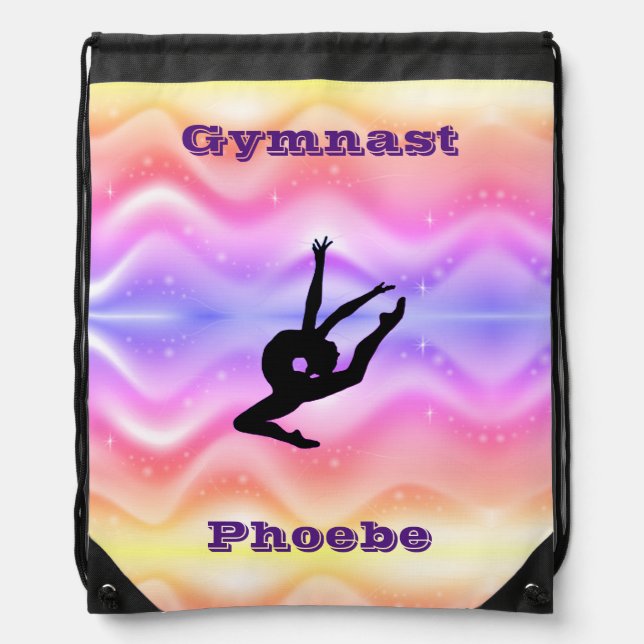Girls Gymnastics Rainbow Waves with Her Name Drawstring Bag (Front)