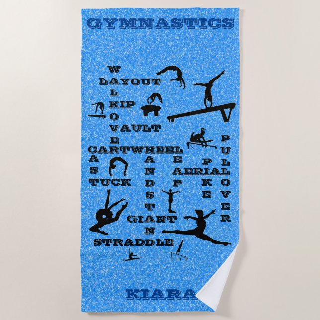 Girls Gymnastics Skills Crosswords Beach Towel (Front)