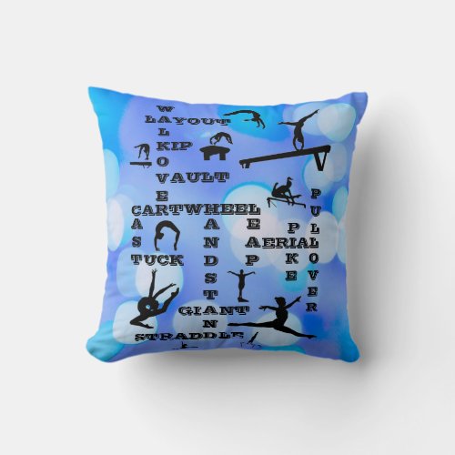 Girls Gymnastics Skills Crosswords Blue   Throw Pillow