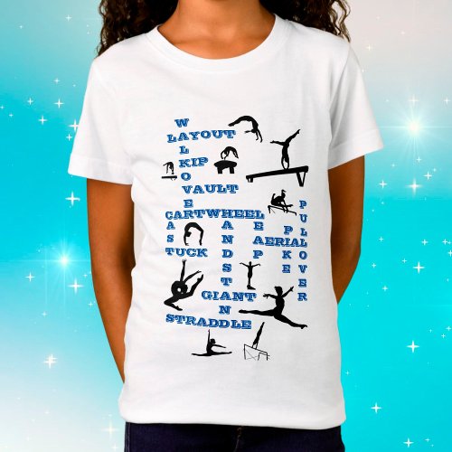 Girls Gymnastics Skills Dark Blue Crosswords T_Shirt