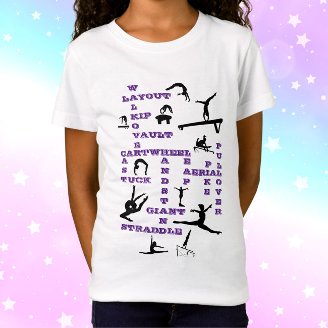 Girls Gymnastics Skills Deep Purple Crosswords T-Shirt