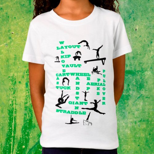 Girls Gymnastics Skills Green Crosswords T_Shirt