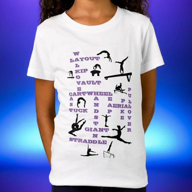 Girls Gymnastics Skills Purple Crosswords T-Shirt (Creator Uploaded)