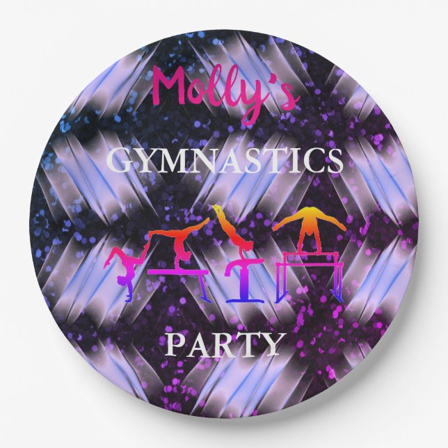 Girls Gymnastics Sparkle Ribbon Birthday Party Paper Plates (Front)