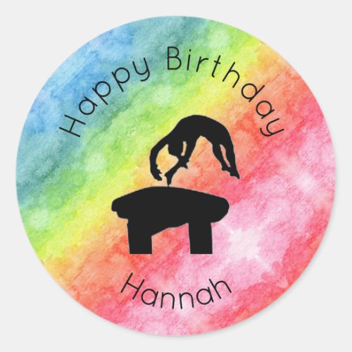 Girls Gymnastics Vault Happy Birthday Rainbow Classic Round Sticker