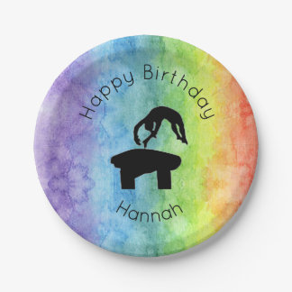 Girls Gymnastics Vault "Happy Birthday" Rainbow Paper Plates
