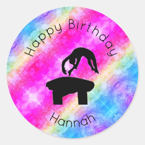 Girls Gymnastics Vault Happy Birthday Watercolor Classic Round Sticker