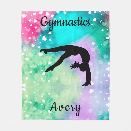 Girls Gymnastics Watercolor with Floating Hearts Fleece Blanket