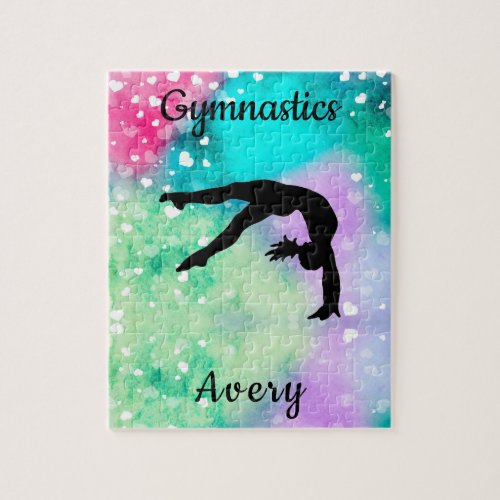 Girls Gymnastics Watercolor with Floating Hearts   Jigsaw Puzzle