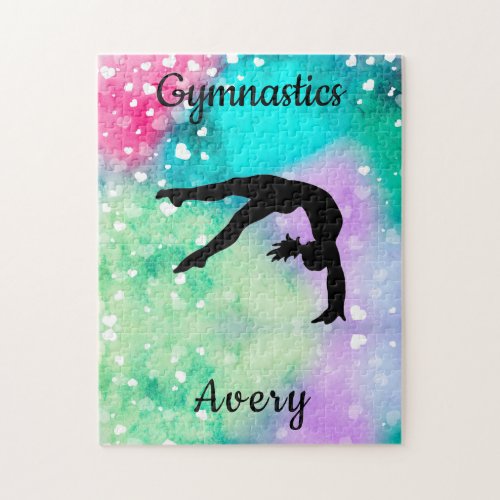 Girls Gymnastics Watercolor with Floating Hearts   Jigsaw Puzzle