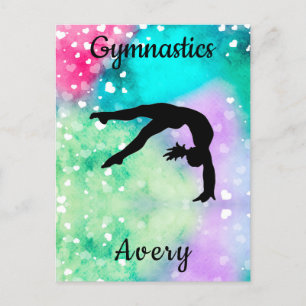 Girls Gymnastics Watercolor with Floating Hearts Postcard