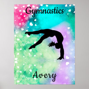 Girls Gymnastics Watercolor with Floating Hearts Poster
