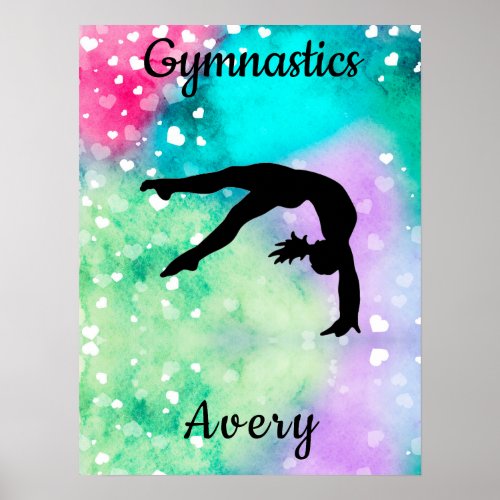 Girls Gymnastics Watercolor with Floating Hearts   Poster