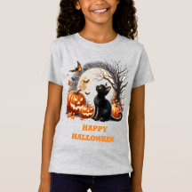 Girls Halloween Black Cat Gray Crewneck T-Shirt